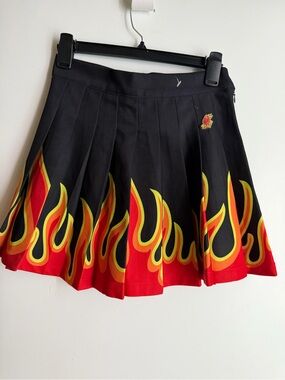 Melody Ehsani Black Pleated Skirt with Red & Yellow Flame Border size S